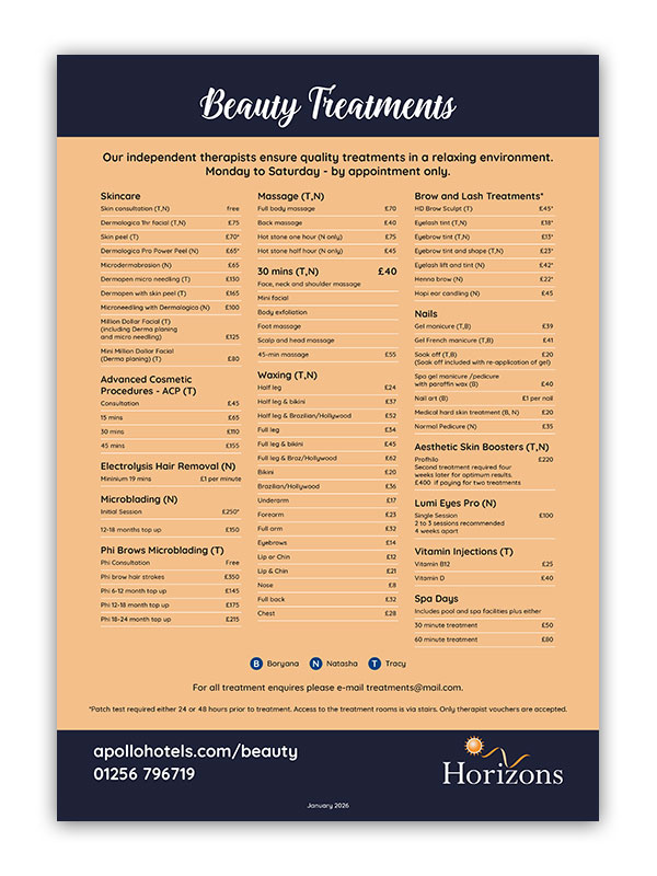 Apollo Basingstoke Beauty Salon Price List