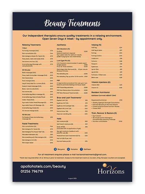 Apollo Basingstoke Beauty Salon Price List